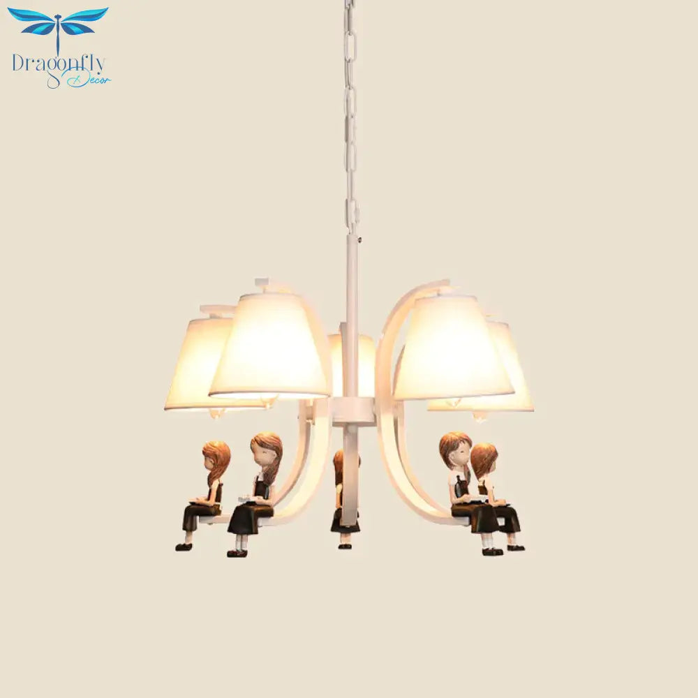 Girl/Boy Statue Suspension Light Kids Iron 5 - Bulb Bedroom Pendant Chandelier With Cone Fabric