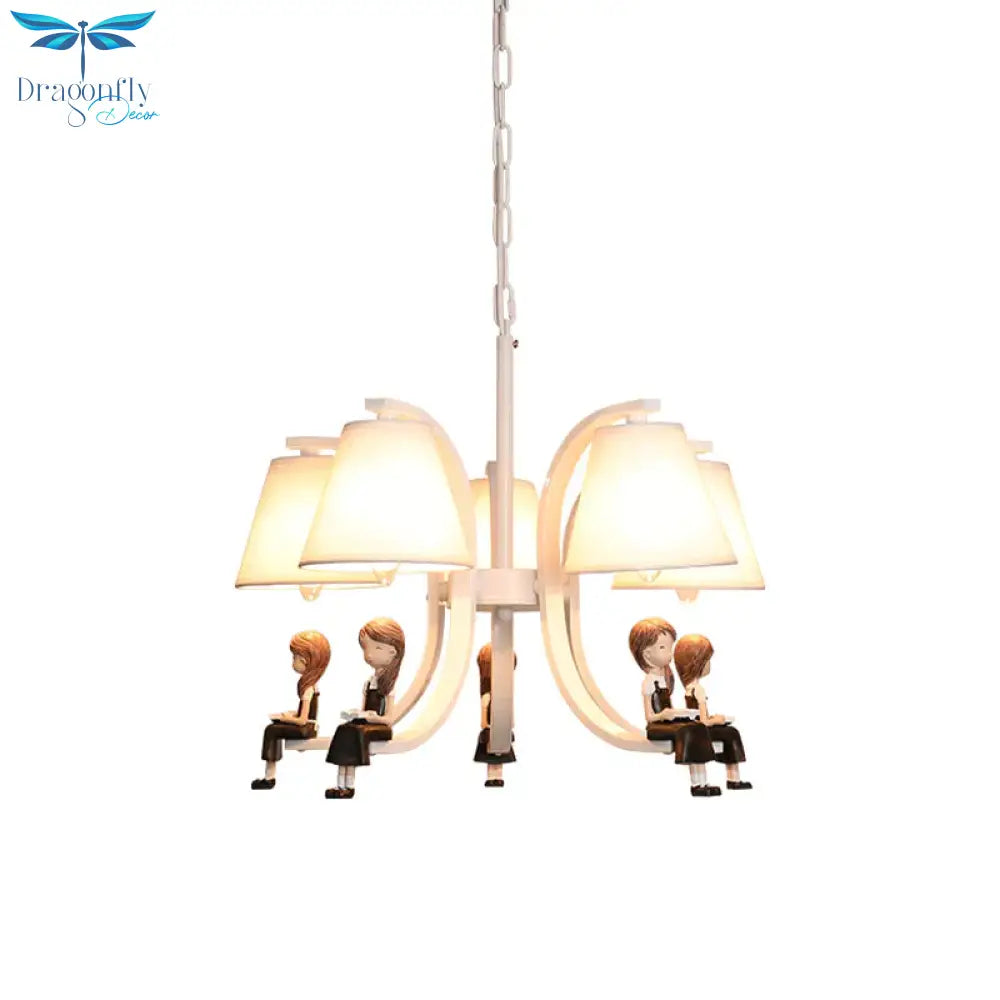 Girl/Boy Statue Suspension Light Kids Iron 5 - Bulb Bedroom Pendant Chandelier With Cone Fabric