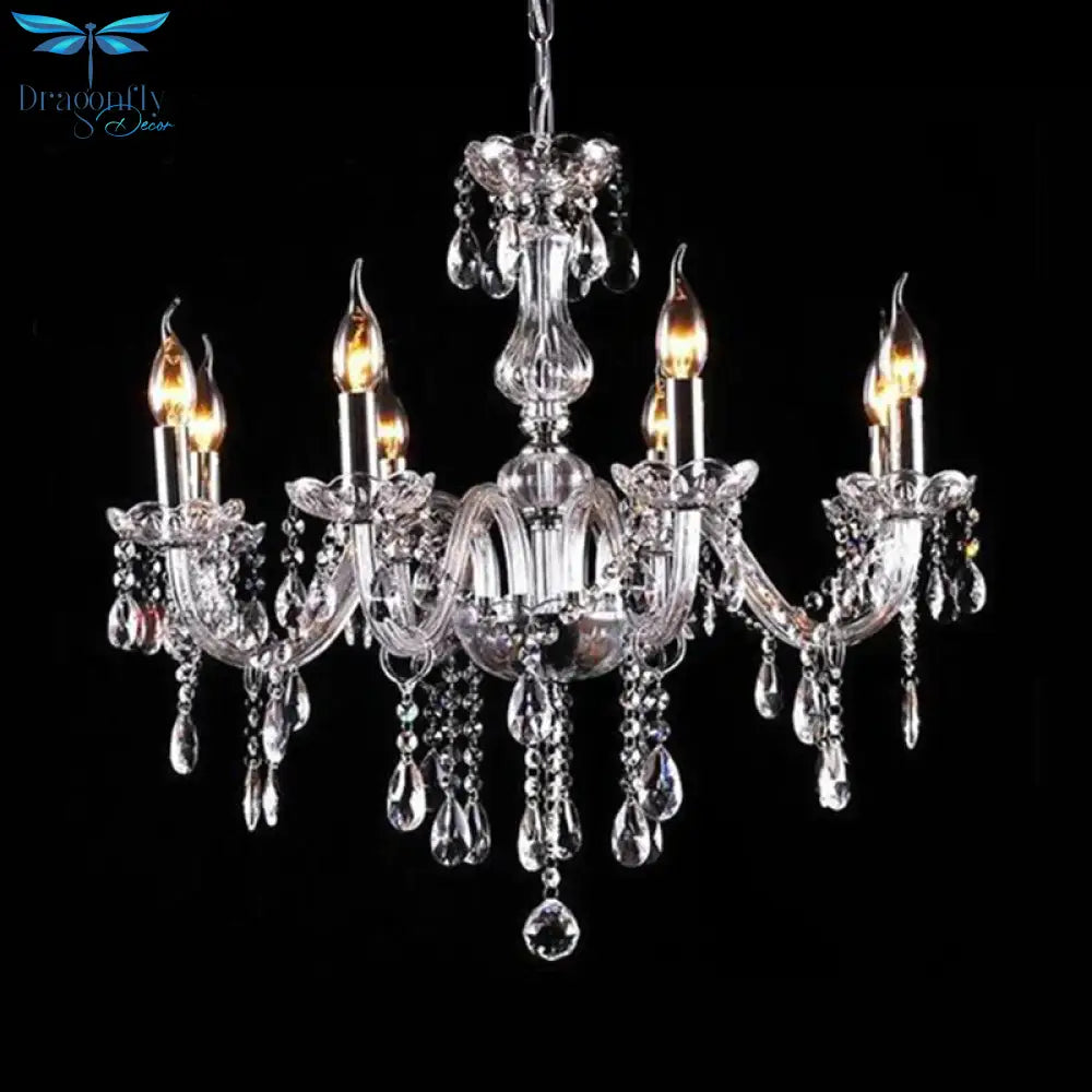 Glam Candle - Style Curving Arm Chandelier Crystal Strands In Chrome Finish