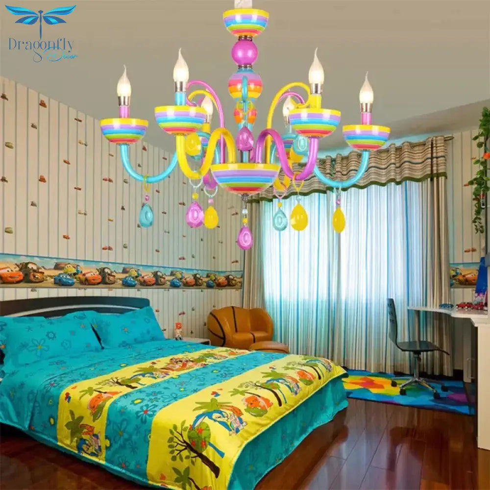 Glass Candle Pendant Light With Crystal Pretty Multi - Colored Chandelier For Kindergarten