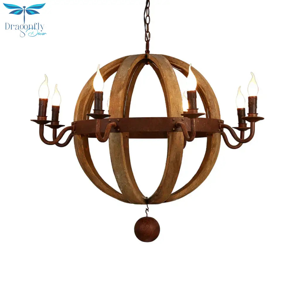 Globe Wooden Ceiling Light Traditional 6/8 - Bulb Dining Room Pendant Chandelier In Brown