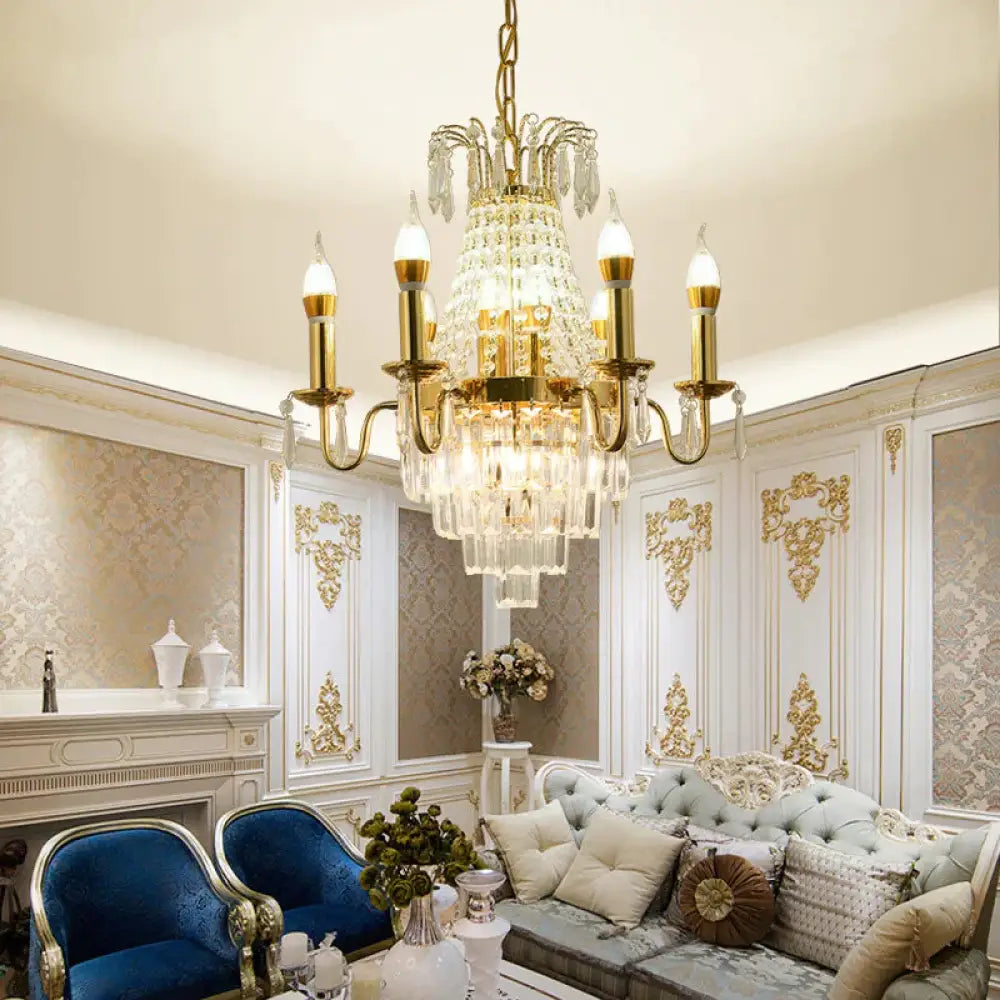 Gold 10 Lights Chandelier Lamp Traditional Metal Candelabra Hanging Light Fixture With Crystal