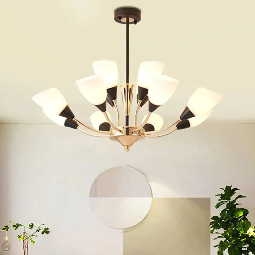 Gold 12 Lights Chandelier Light Fixture Traditional White Glass Oval Shade Pendant Lamp With