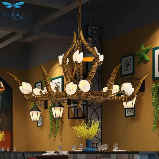 Gold 15 Bulbs Pendant Chandelier Tradition Resin Branch Suspension Hanging Light For Restaurant