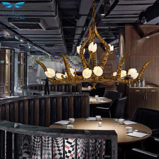 Gold 15 Bulbs Pendant Chandelier Tradition Resin Branch Suspension Hanging Light For Restaurant