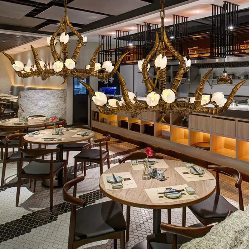 Gold 15 Bulbs Pendant Chandelier Tradition Resin Branch Suspension Hanging Light For Restaurant