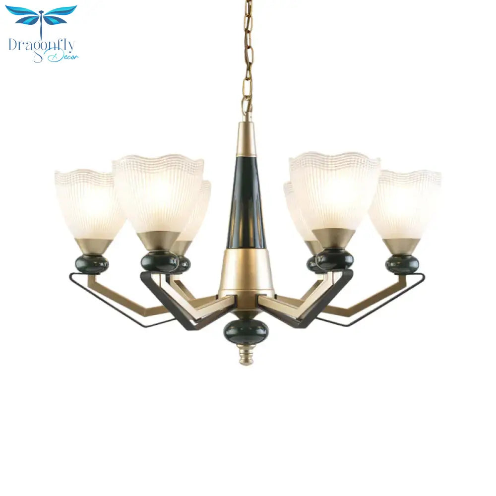 Gold 3/6 - Head Chandelier Pendant Light Antiqued Translucent Latticed Glass Cone Up Hanging Lamp