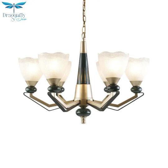 Gold 3/6 - Head Chandelier Pendant Light Antiqued Translucent Latticed Glass Cone Up Hanging Lamp