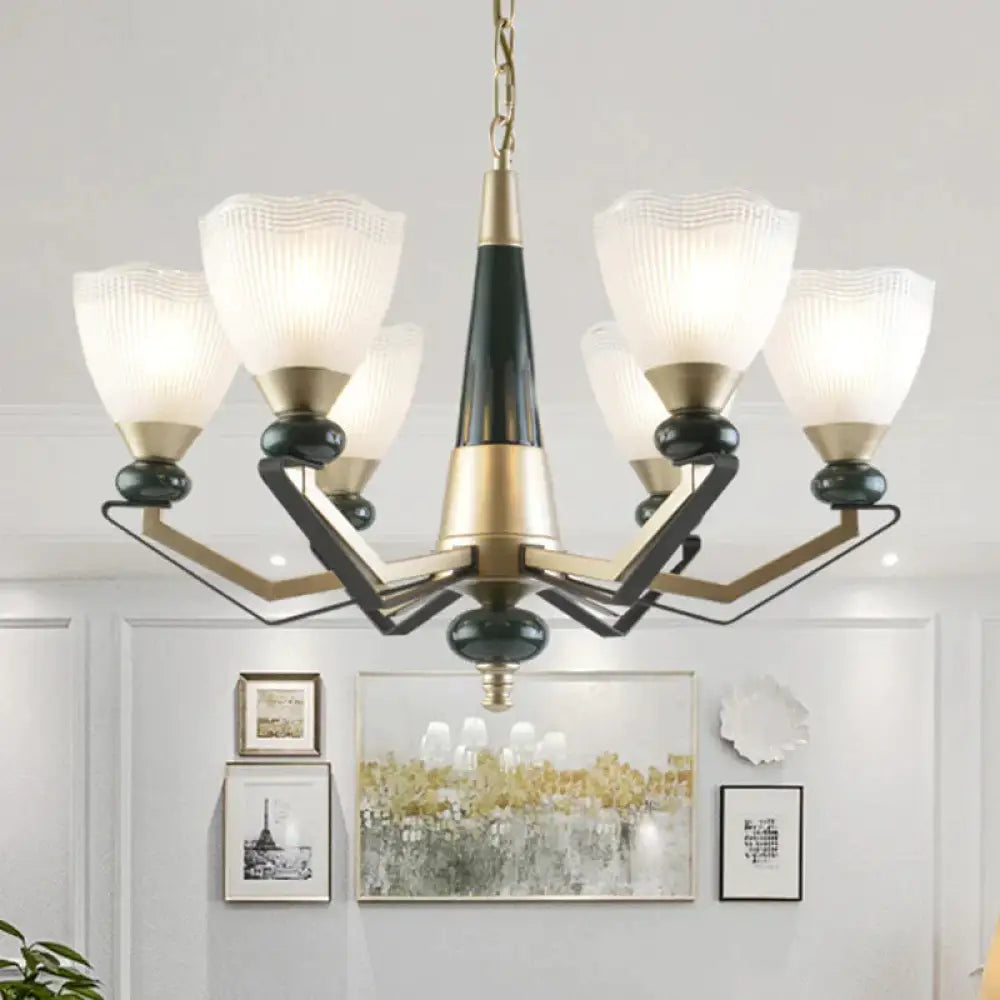 Gold 3/6 - Head Chandelier Pendant Light Antiqued Translucent Latticed Glass Cone Up Hanging Lamp