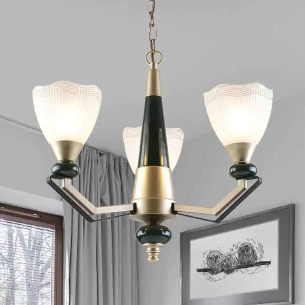 Gold 3/6 - Head Chandelier Pendant Light Antiqued Translucent Latticed Glass Cone Up Hanging Lamp