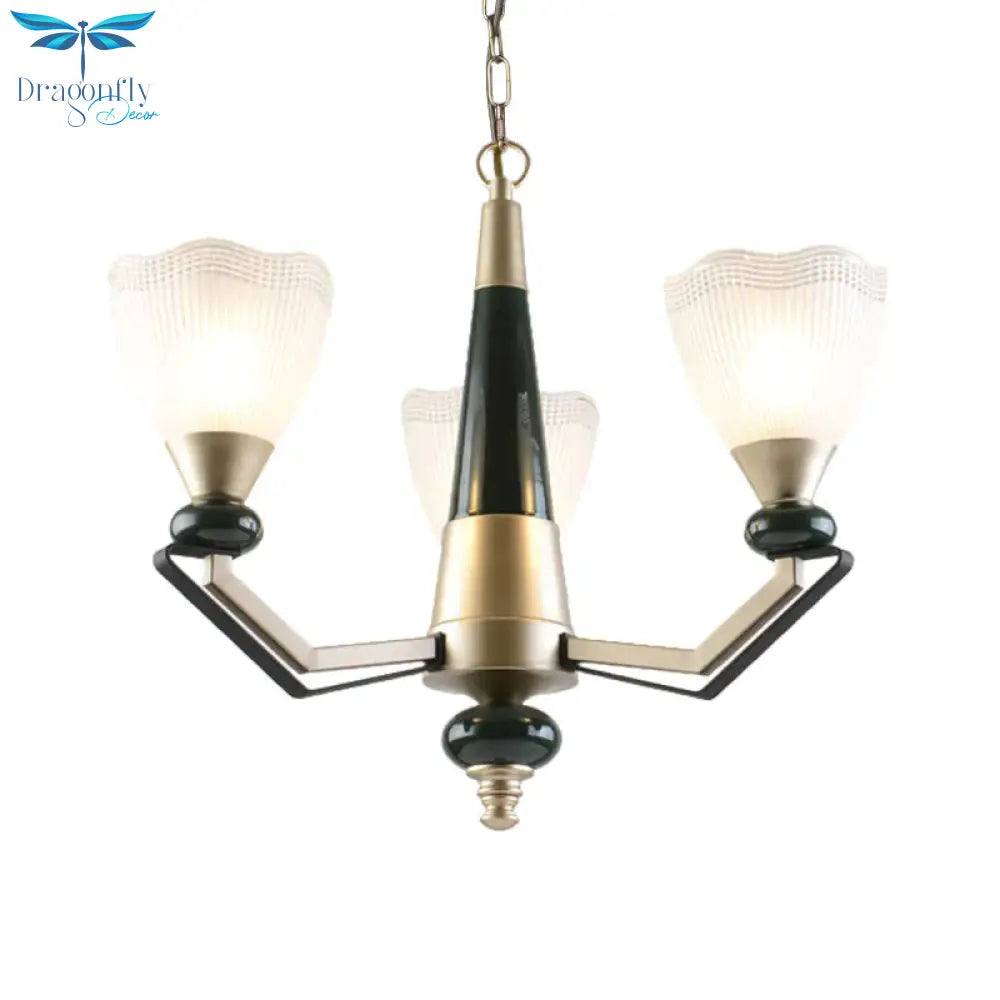 Gold 3/6 - Head Chandelier Pendant Light Antiqued Translucent Latticed Glass Cone Up Hanging Lamp