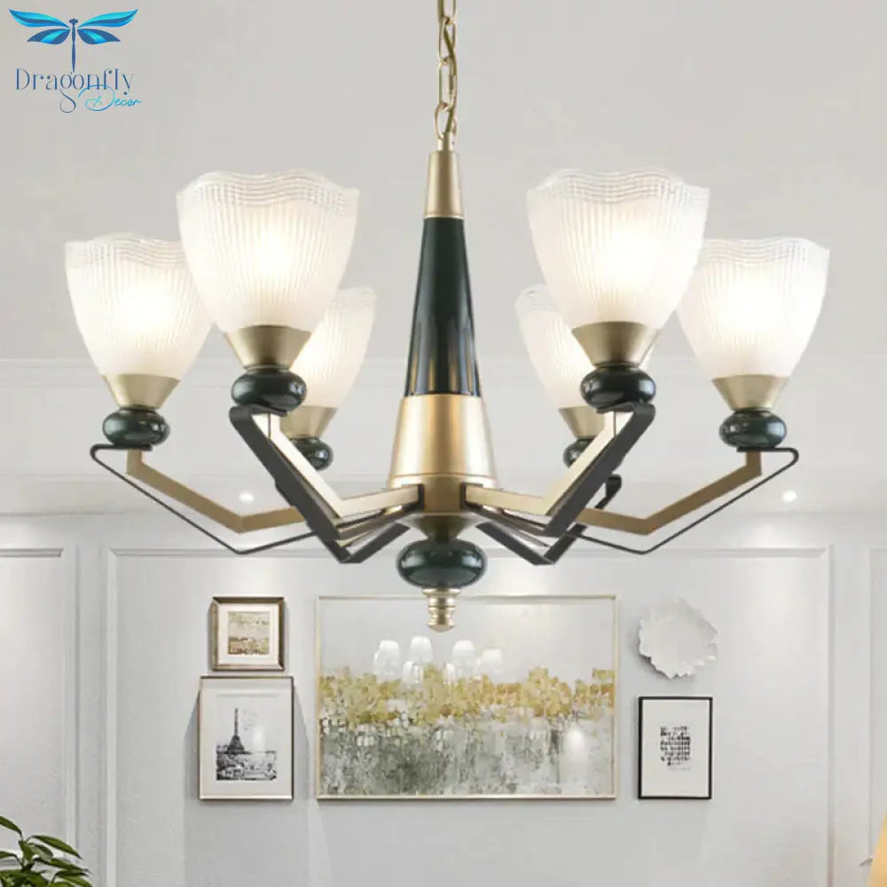 Gold 3/6 - Head Chandelier Pendant Light Antiqued Translucent Latticed Glass Cone Up Hanging Lamp