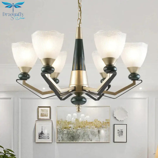Gold 3/6 - Head Chandelier Pendant Light Antiqued Translucent Latticed Glass Cone Up Hanging Lamp