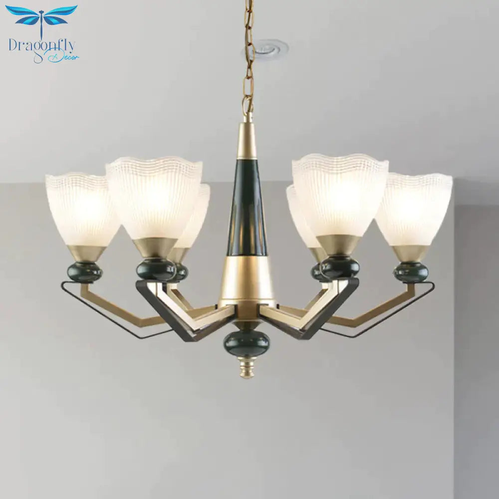 Gold 3/6 - Head Chandelier Pendant Light Antiqued Translucent Latticed Glass Cone Up Hanging Lamp