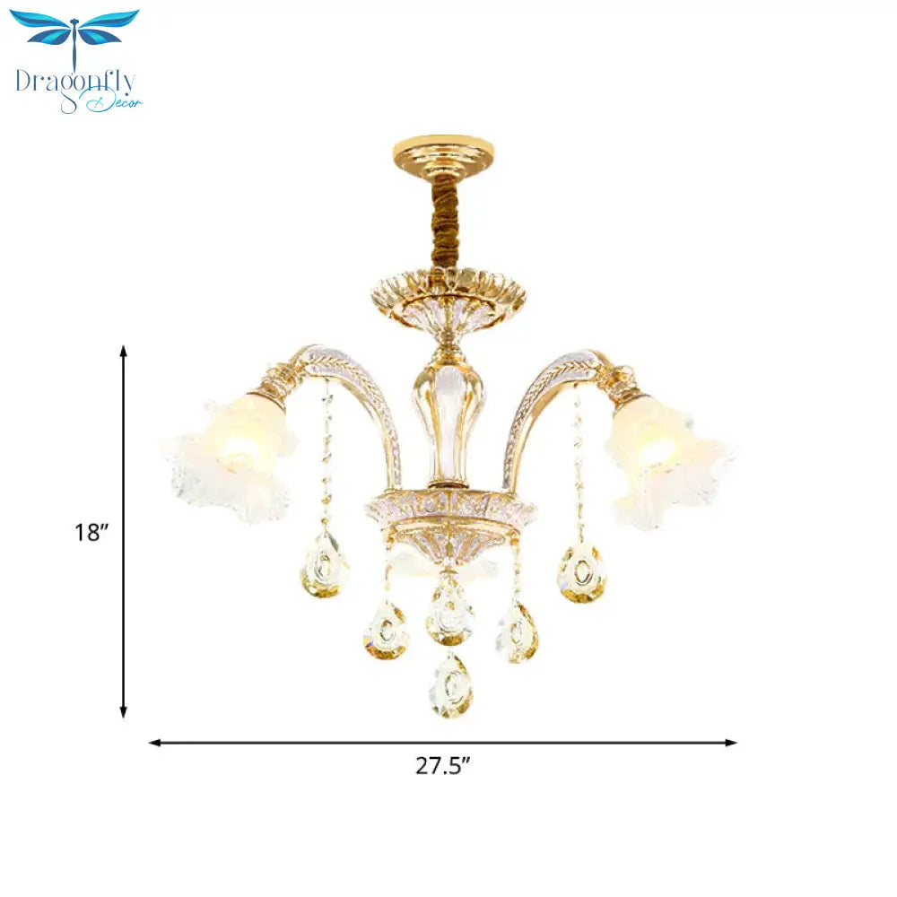Gold 3/6 - Light Ceiling Chandelier Traditional Crystal Stand Suspension Lighting With Floral