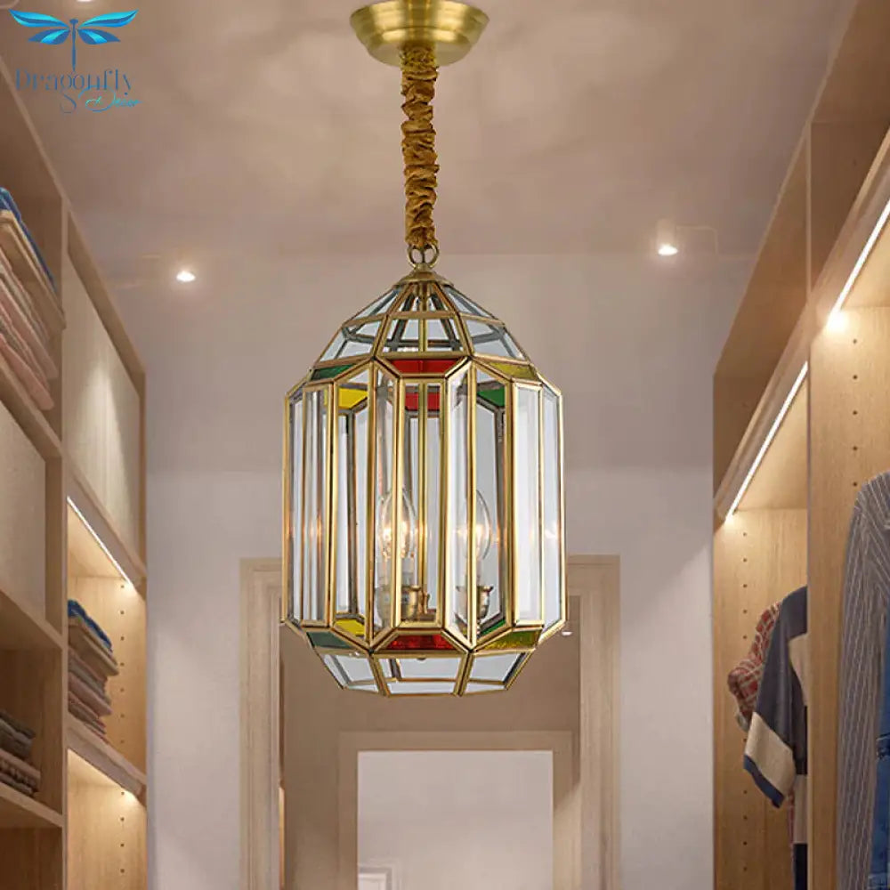 Gold 3 Heads Chandelier Lighting Colonialism Metal Lantern Pendant Ceiling Light With Clear Glass