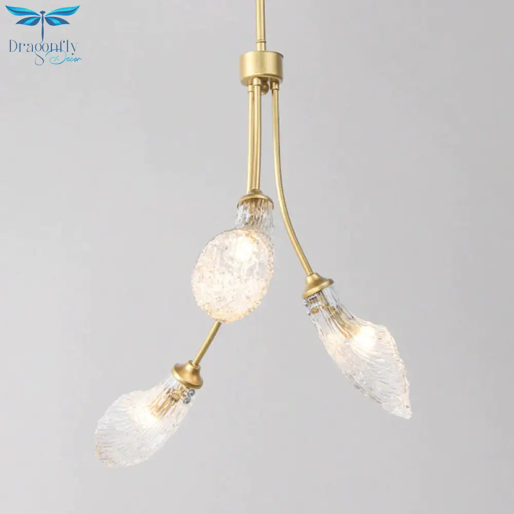 Gold 3 Heads Led Chandelier Lighting Traditionalism Clear Glass Curved Pendant Ceiling Light For
