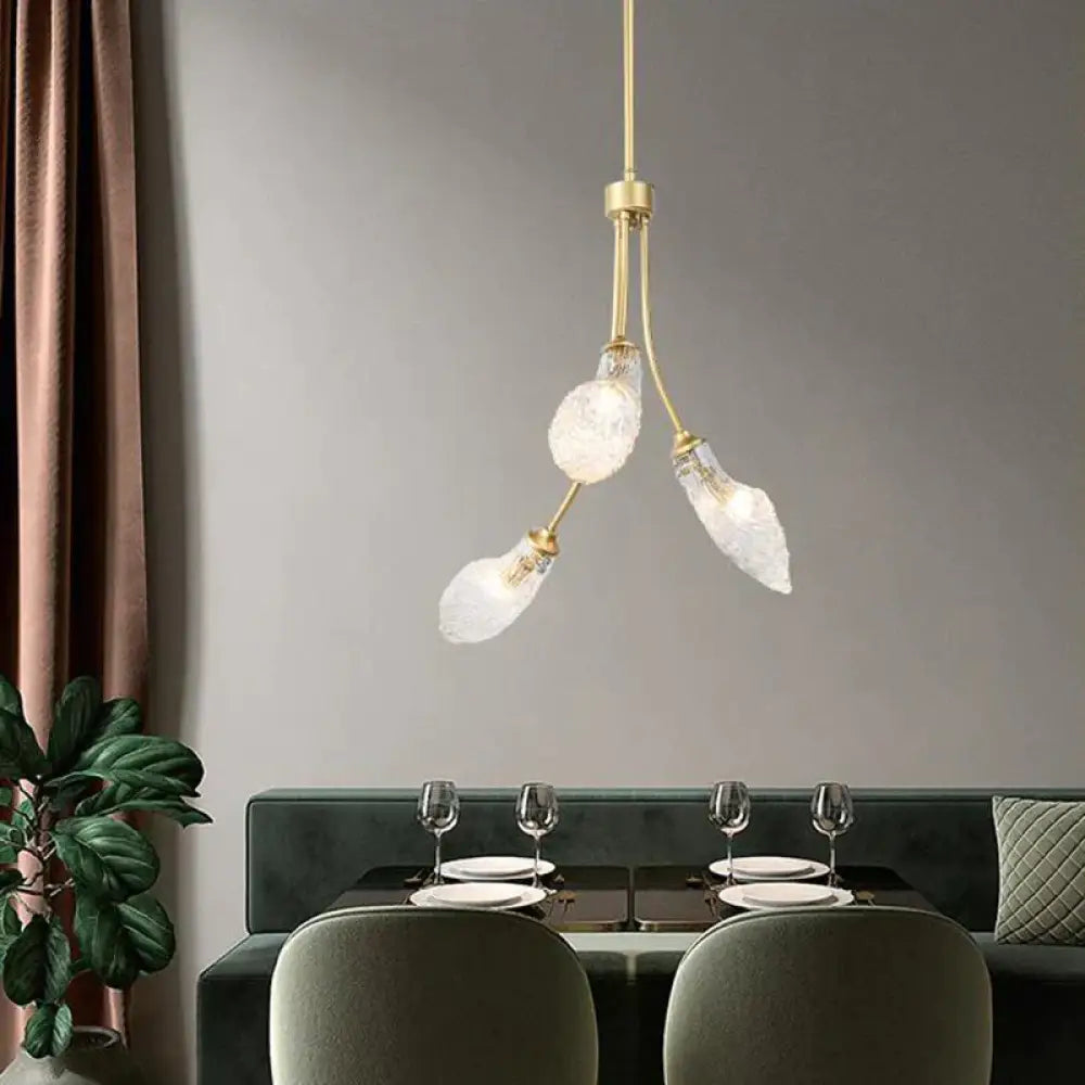 Gold 3 Heads Led Chandelier Lighting Traditionalism Clear Glass Curved Pendant Ceiling Light For