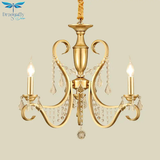 Gold 3 - Light Ceiling Chandelier Countryside Metal Candelabra Pendant Lighting With Crystal Accent