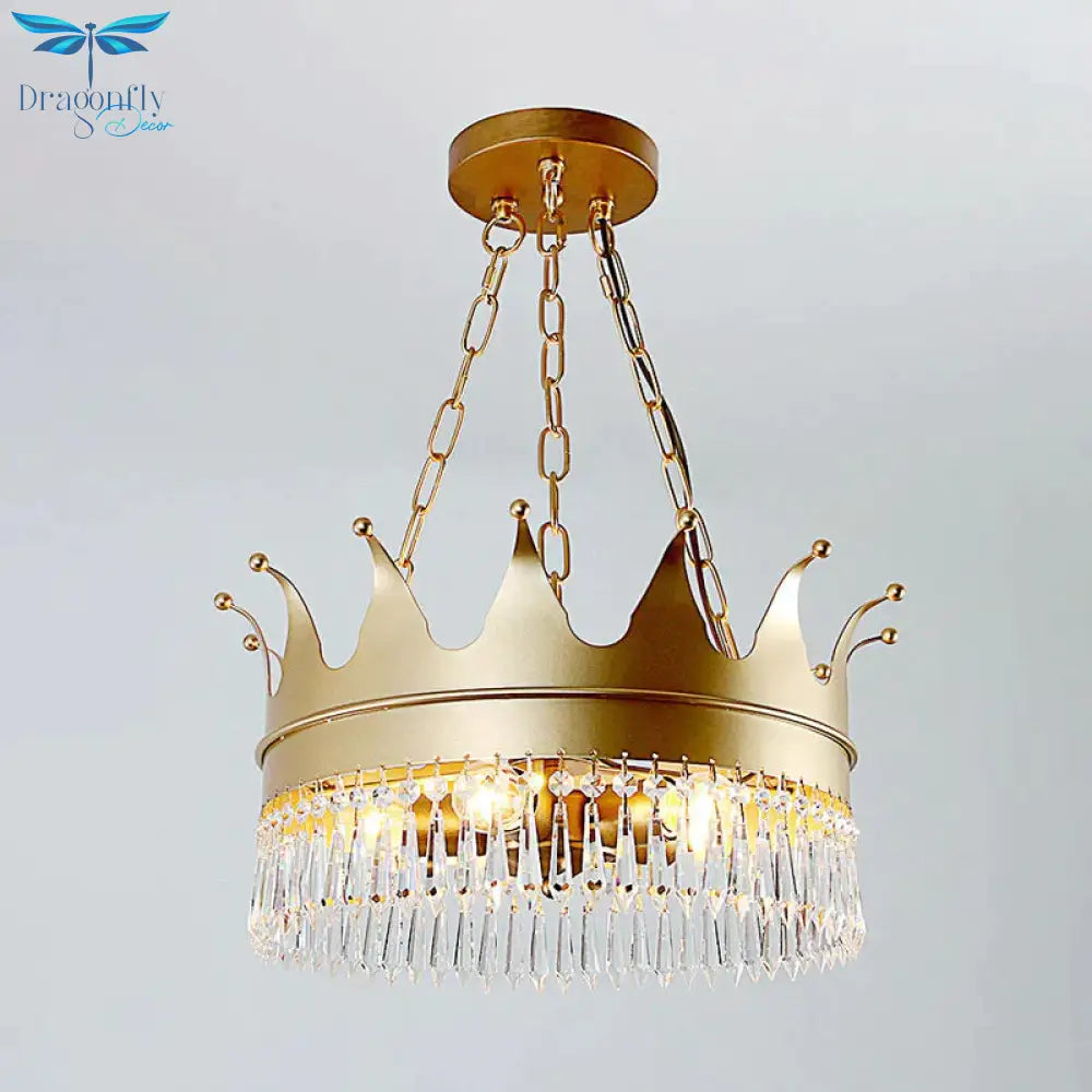 Gold 5 Heads Chandelier Lighting Traditionalism Faceted Crystal Crown Pendant Ceiling Light For