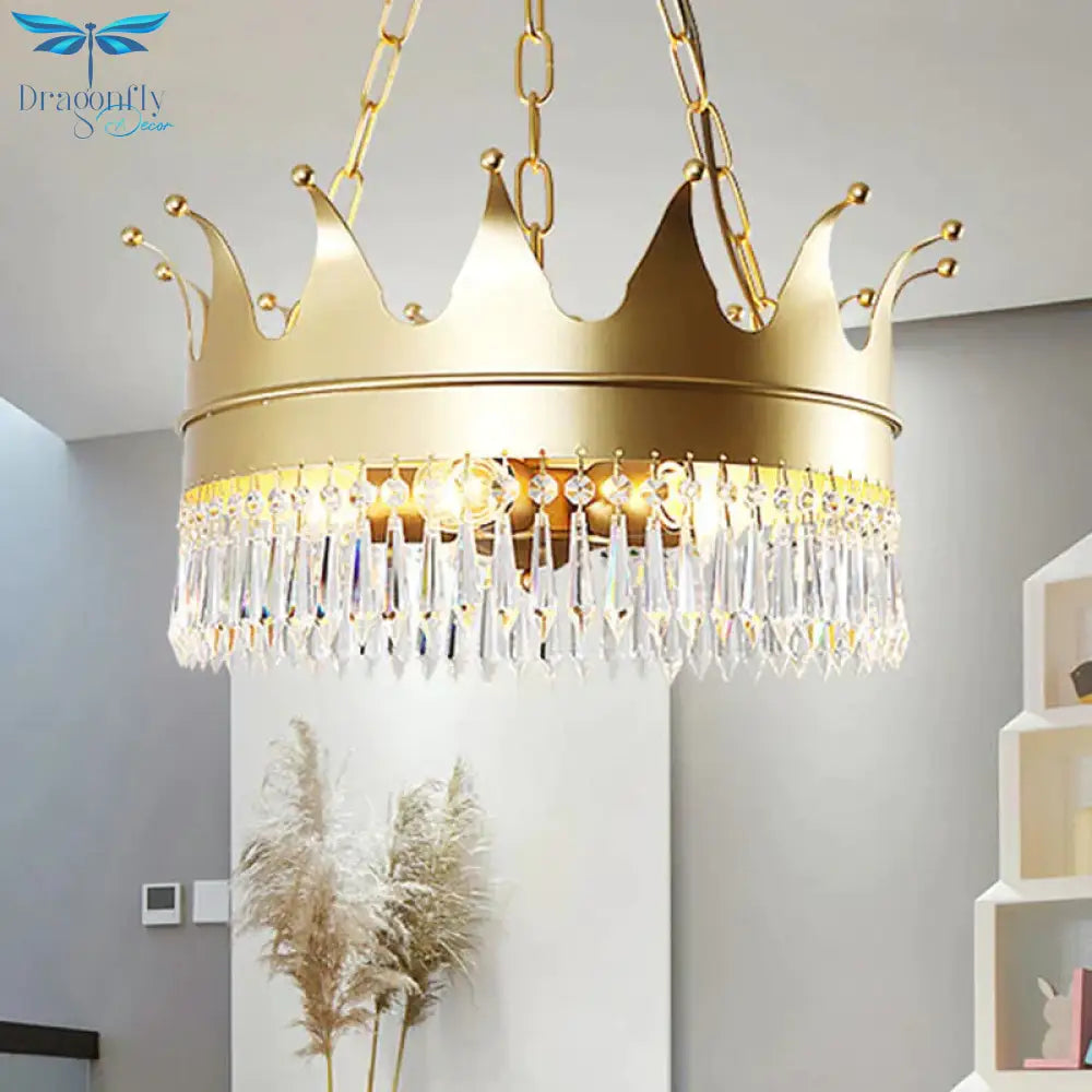 Gold 5 Heads Chandelier Lighting Traditionalism Faceted Crystal Crown Pendant Ceiling Light For