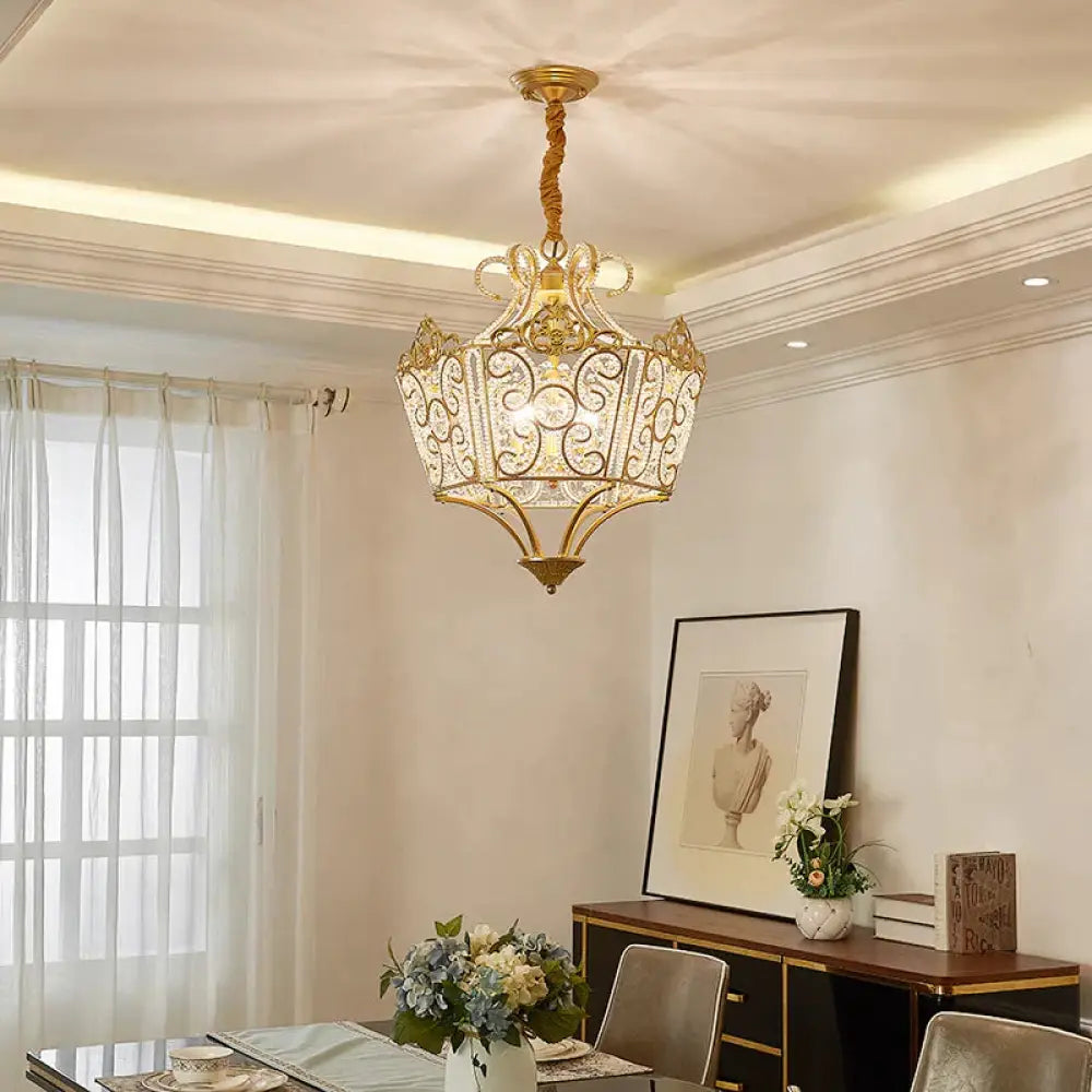 Gold 5 Lights Chandelier Light Fixture Country Crystal Wire Frame Pendant Lamp For Bedroom