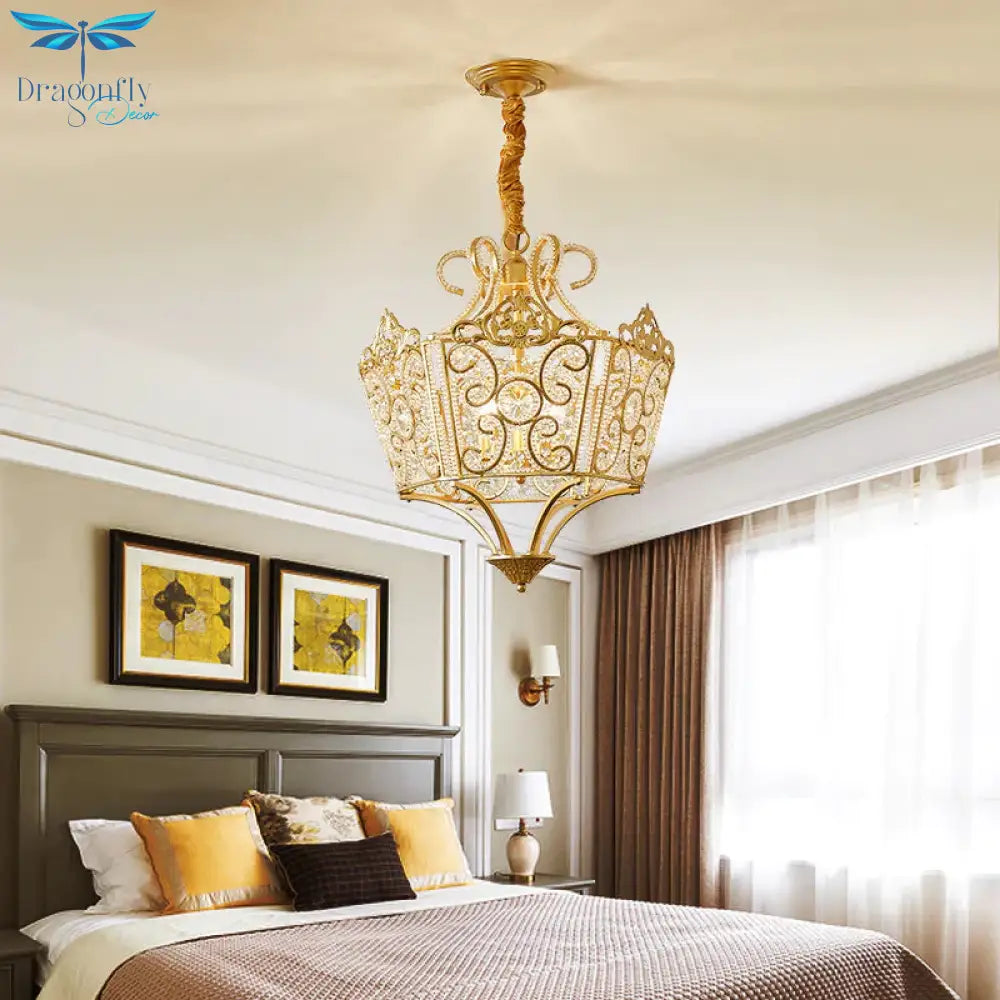 Gold 5 Lights Chandelier Light Fixture Country Crystal Wire Frame Pendant Lamp For Bedroom