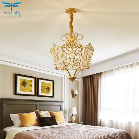 Gold 5 Lights Chandelier Light Fixture Country Crystal Wire Frame Pendant Lamp For Bedroom