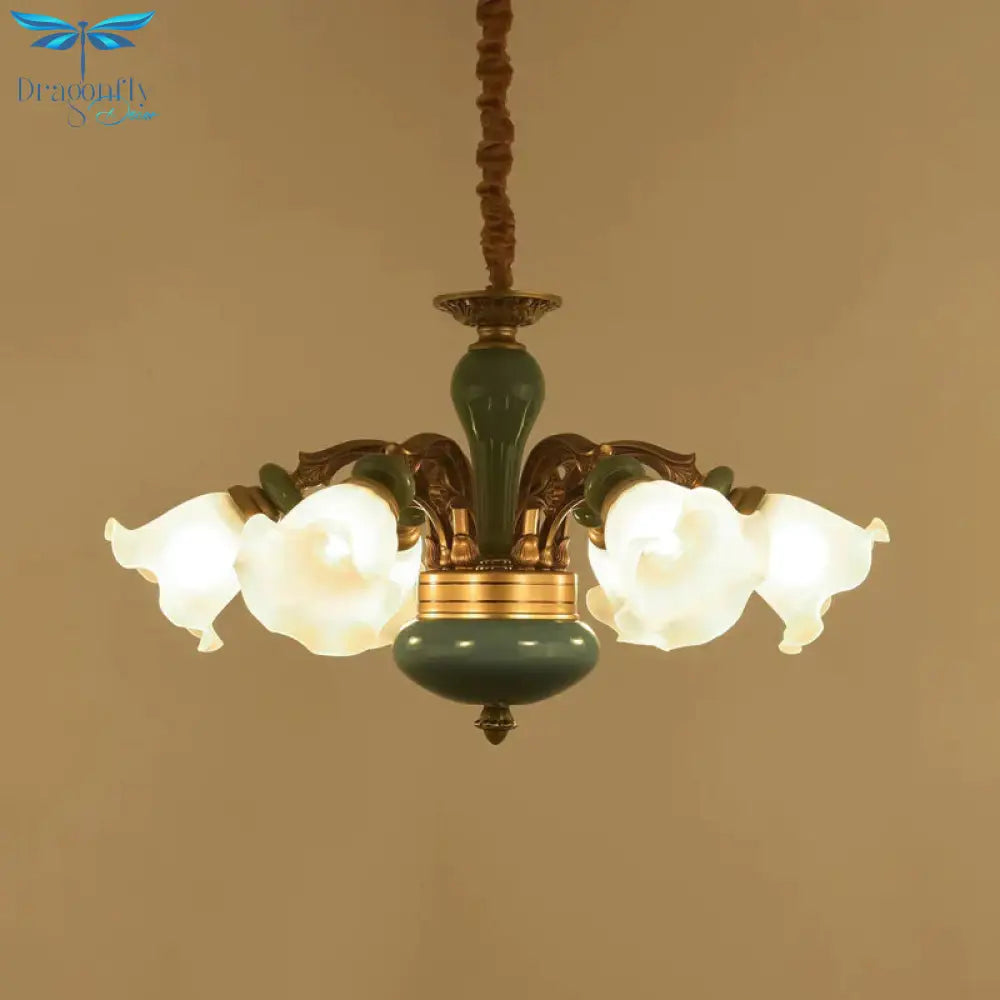 Gold 6/8/10 - Bulb Ceiling Suspension Lamp Retro Style Cream Glass Blossom Shaped Chandelier