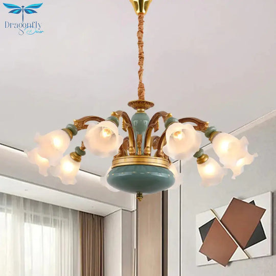 Gold 6/8/10 - Bulb Ceiling Suspension Lamp Retro Style Cream Glass Blossom Shaped Chandelier