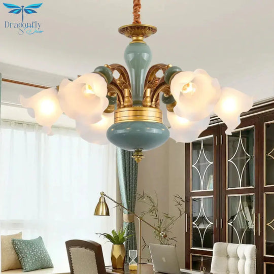 Gold 6/8/10 - Bulb Ceiling Suspension Lamp Retro Style Cream Glass Blossom Shaped Chandelier