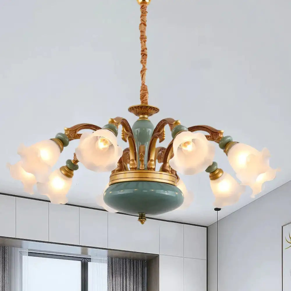 Gold 6/8/10 - Bulb Ceiling Suspension Lamp Retro Style Cream Glass Blossom Shaped Chandelier