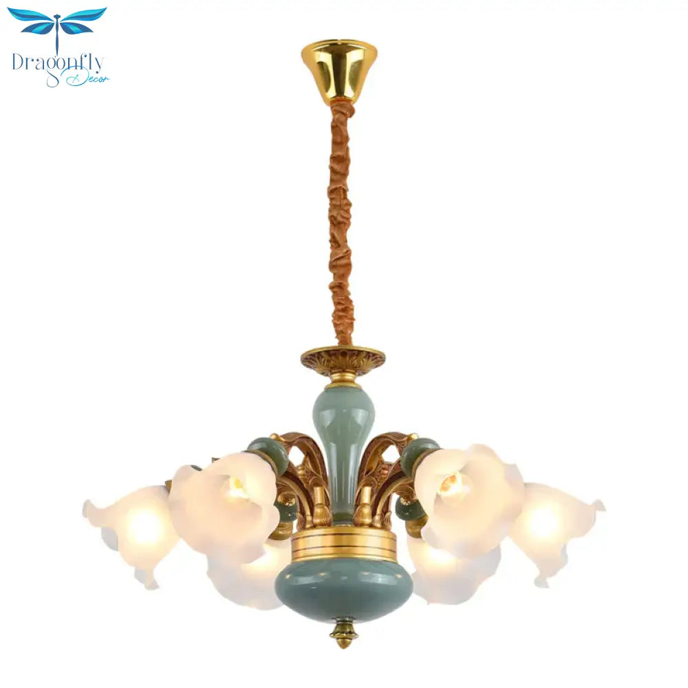 Gold 6/8/10 - Bulb Ceiling Suspension Lamp Retro Style Cream Glass Blossom Shaped Chandelier