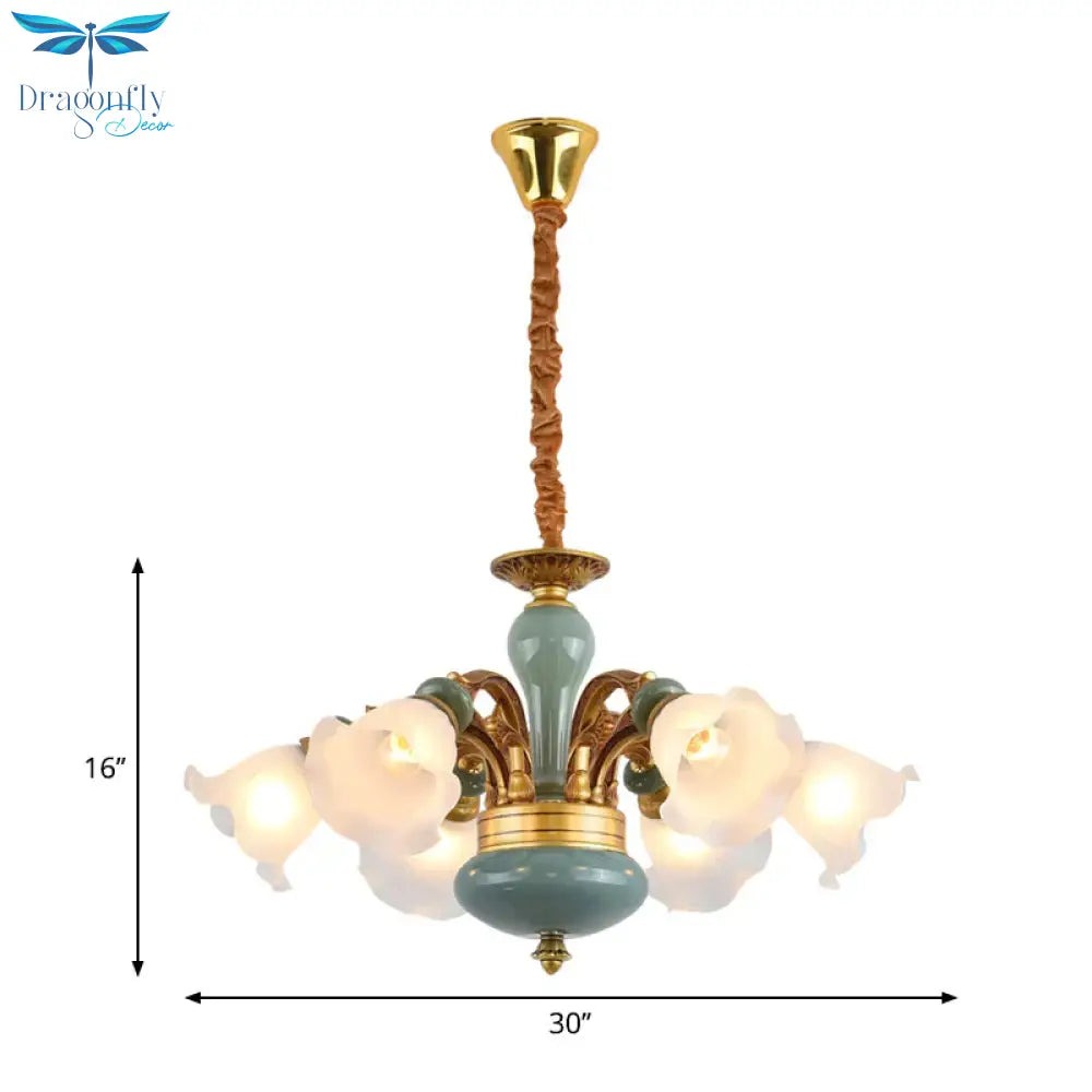 Gold 6/8/10 - Bulb Ceiling Suspension Lamp Retro Style Cream Glass Blossom Shaped Chandelier