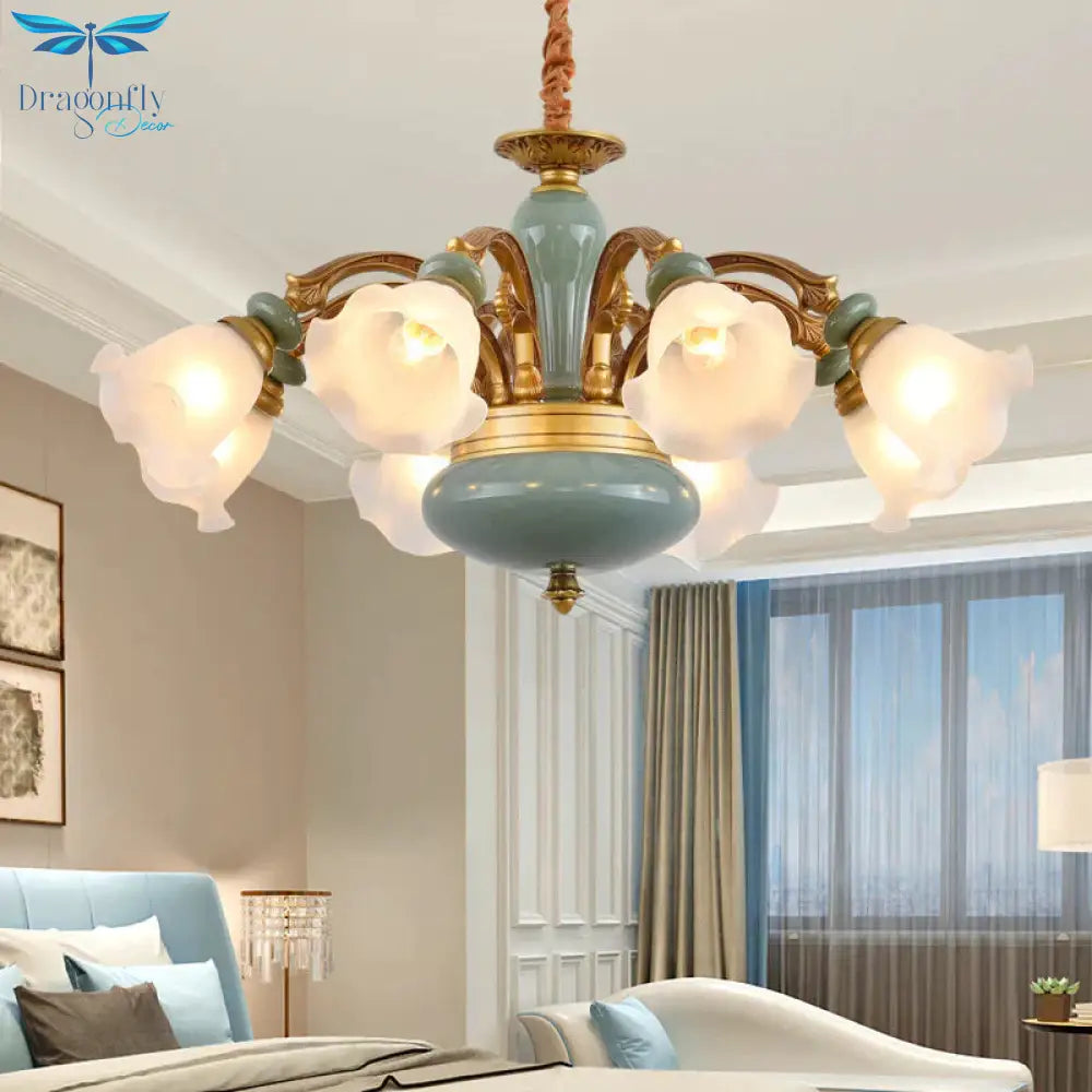 Gold 6/8/10 - Bulb Ceiling Suspension Lamp Retro Style Cream Glass Blossom Shaped Chandelier