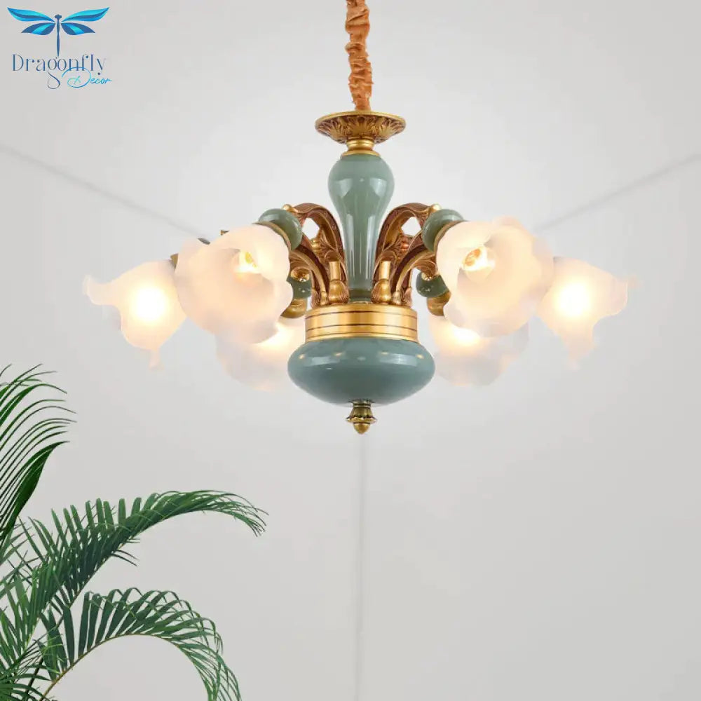 Gold 6/8/10 - Bulb Ceiling Suspension Lamp Retro Style Cream Glass Blossom Shaped Chandelier