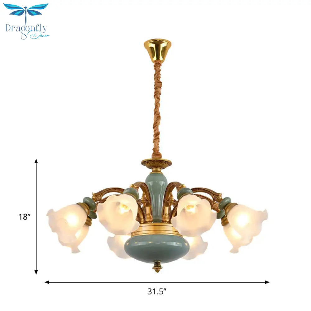 Gold 6/8/10 - Bulb Ceiling Suspension Lamp Retro Style Cream Glass Blossom Shaped Chandelier