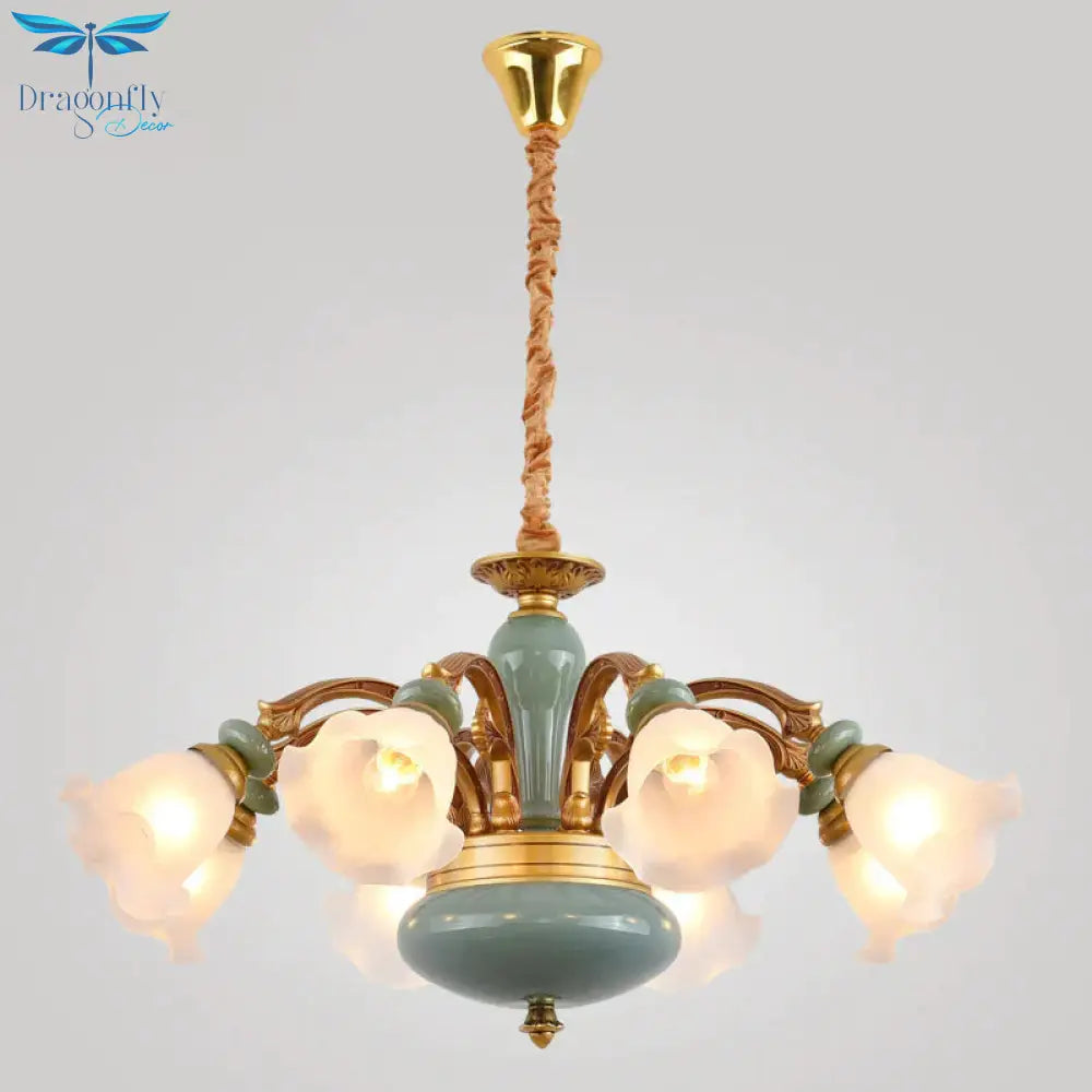 Gold 6/8/10 - Bulb Ceiling Suspension Lamp Retro Style Cream Glass Blossom Shaped Chandelier