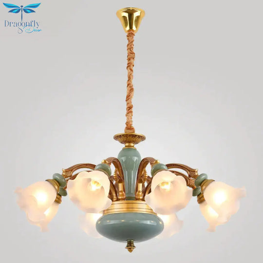 Gold 6/8/10 - Bulb Ceiling Suspension Lamp Retro Style Cream Glass Blossom Shaped Chandelier