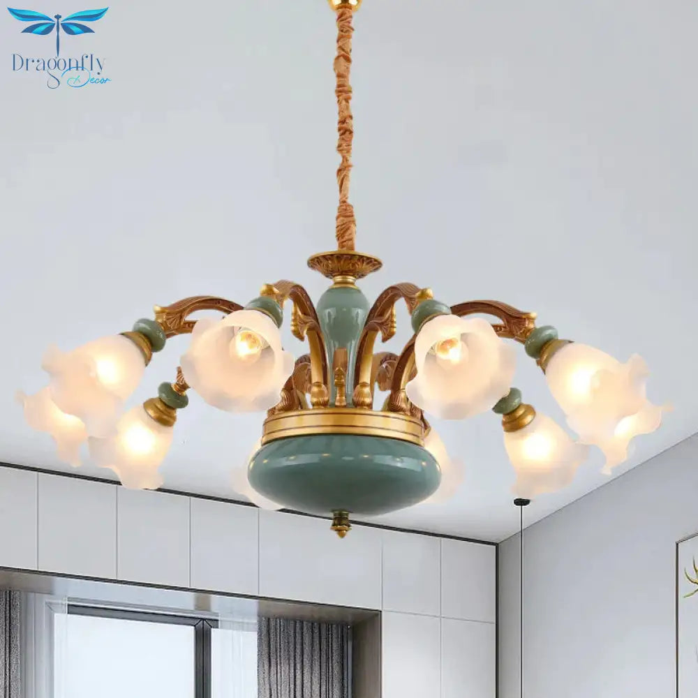 Gold 6/8/10 - Bulb Ceiling Suspension Lamp Retro Style Cream Glass Blossom Shaped Chandelier