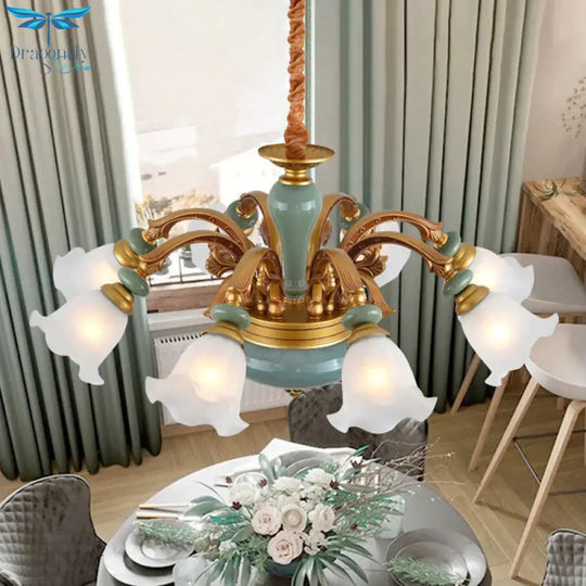 Gold 6/8/10 - Bulb Ceiling Suspension Lamp Retro Style Cream Glass Blossom Shaped Chandelier