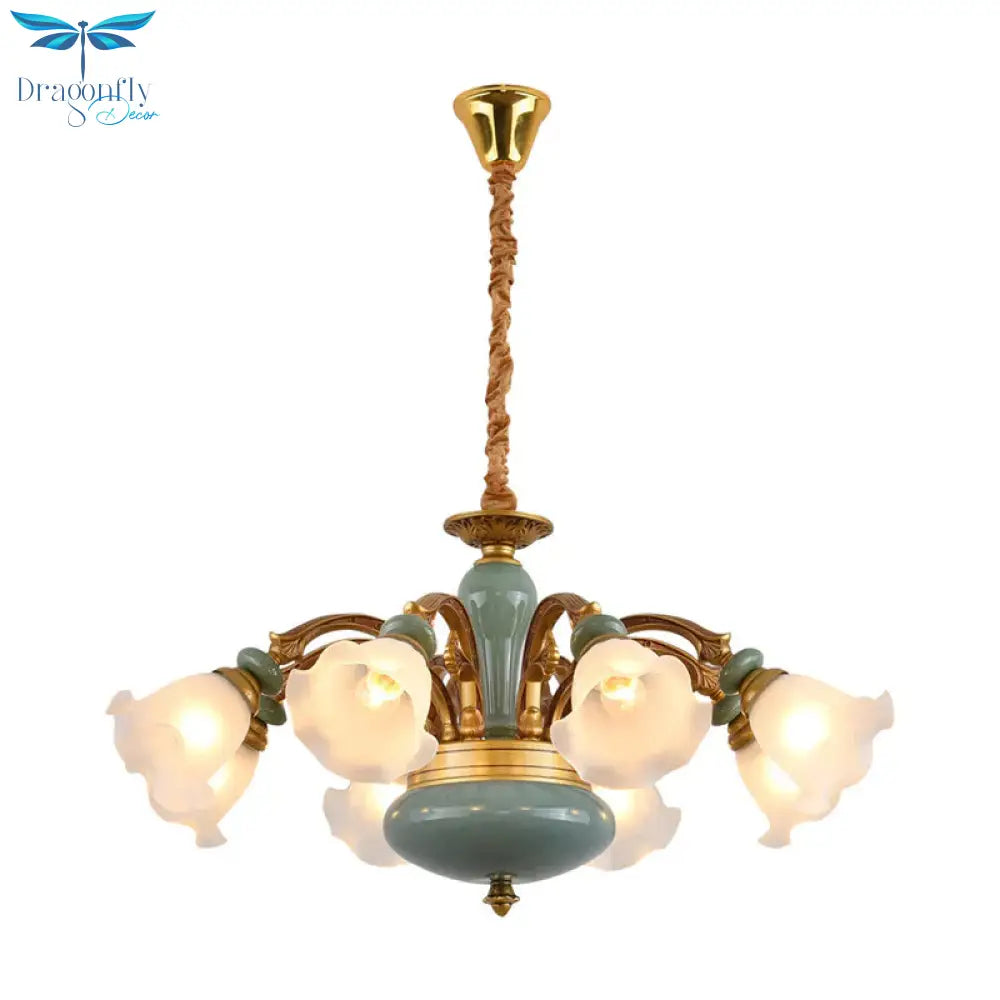 Gold 6/8/10 - Bulb Ceiling Suspension Lamp Retro Style Cream Glass Blossom Shaped Chandelier