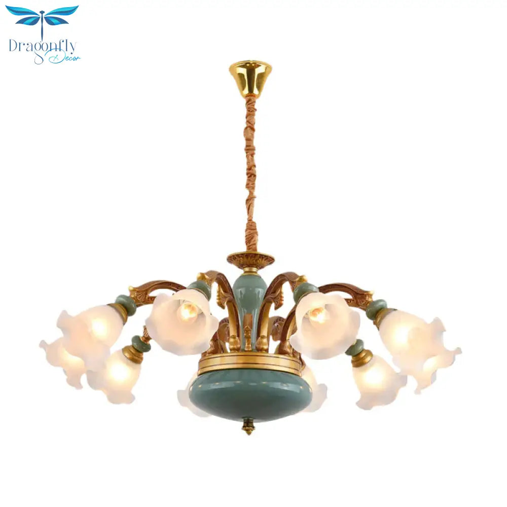 Gold 6/8/10 - Bulb Ceiling Suspension Lamp Retro Style Cream Glass Blossom Shaped Chandelier
