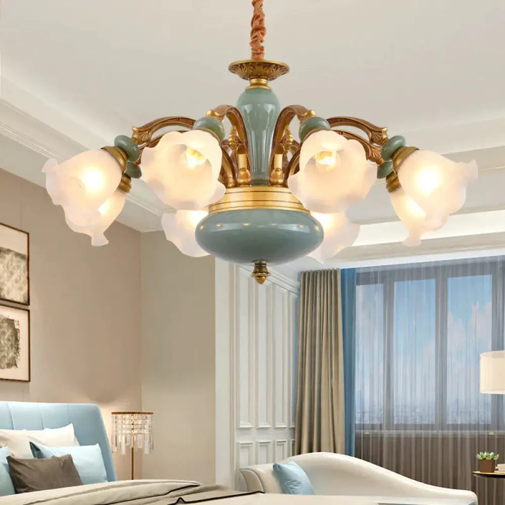 Gold 6/8/10 - Bulb Ceiling Suspension Lamp Retro Style Cream Glass Blossom Shaped Chandelier