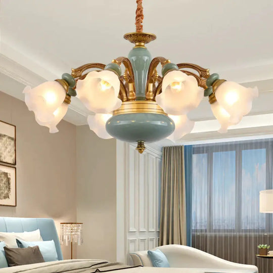 Gold 6/8/10 - Bulb Ceiling Suspension Lamp Retro Style Cream Glass Blossom Shaped Chandelier