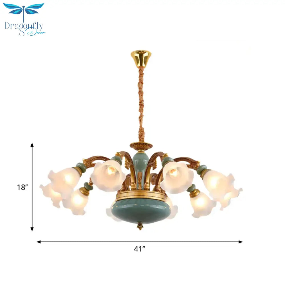 Gold 6/8/10 - Bulb Ceiling Suspension Lamp Retro Style Cream Glass Blossom Shaped Chandelier