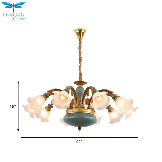 Gold 6/8/10 - Bulb Ceiling Suspension Lamp Retro Style Cream Glass Blossom Shaped Chandelier