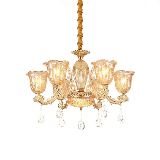 Gold 6 - Bulb Pendant Light Fixture Mid Century Amber Glass Floral Chandelier With Crystal Drop