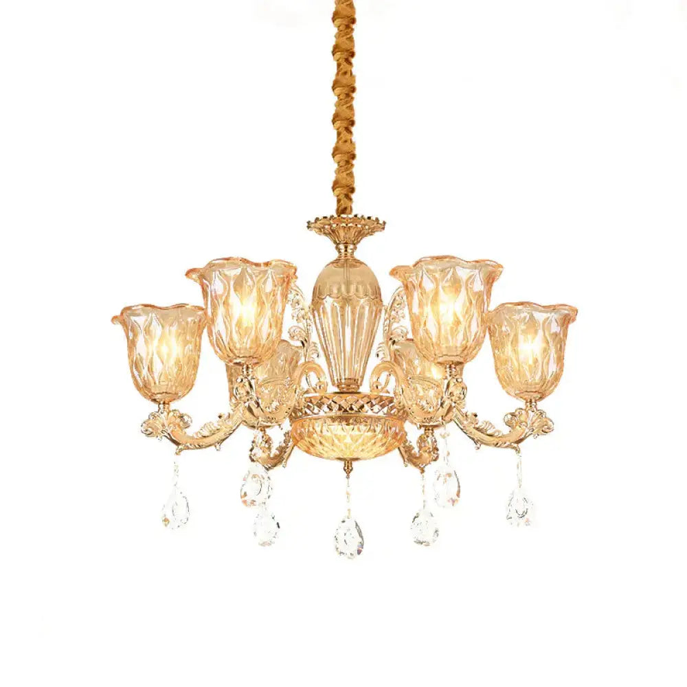 Gold 6 - Bulb Pendant Light Fixture Mid Century Amber Glass Floral Chandelier With Crystal Drop