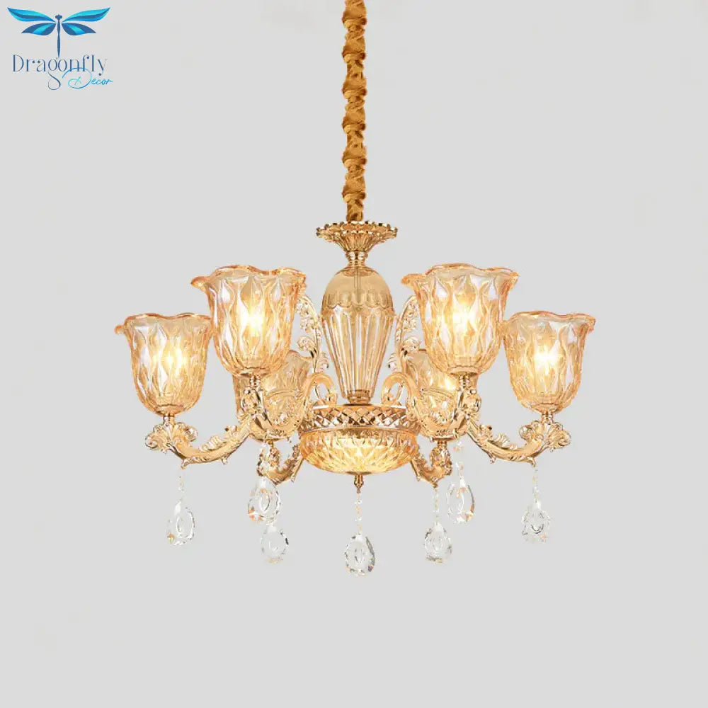 Gold 6 - Bulb Pendant Light Fixture Mid Century Amber Glass Floral Chandelier With Crystal Drop